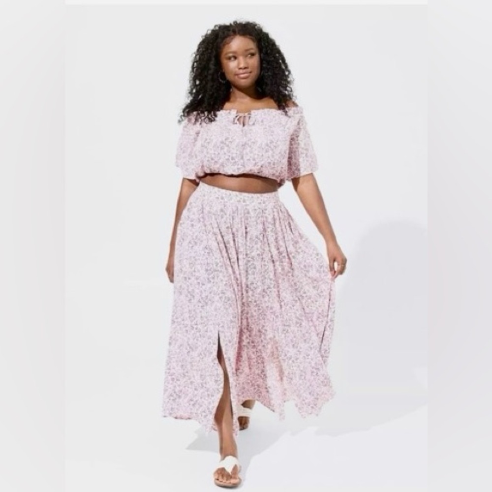 Maxi Gauze Off Shoulder Split Skirt Two Piece Set Pink Floral